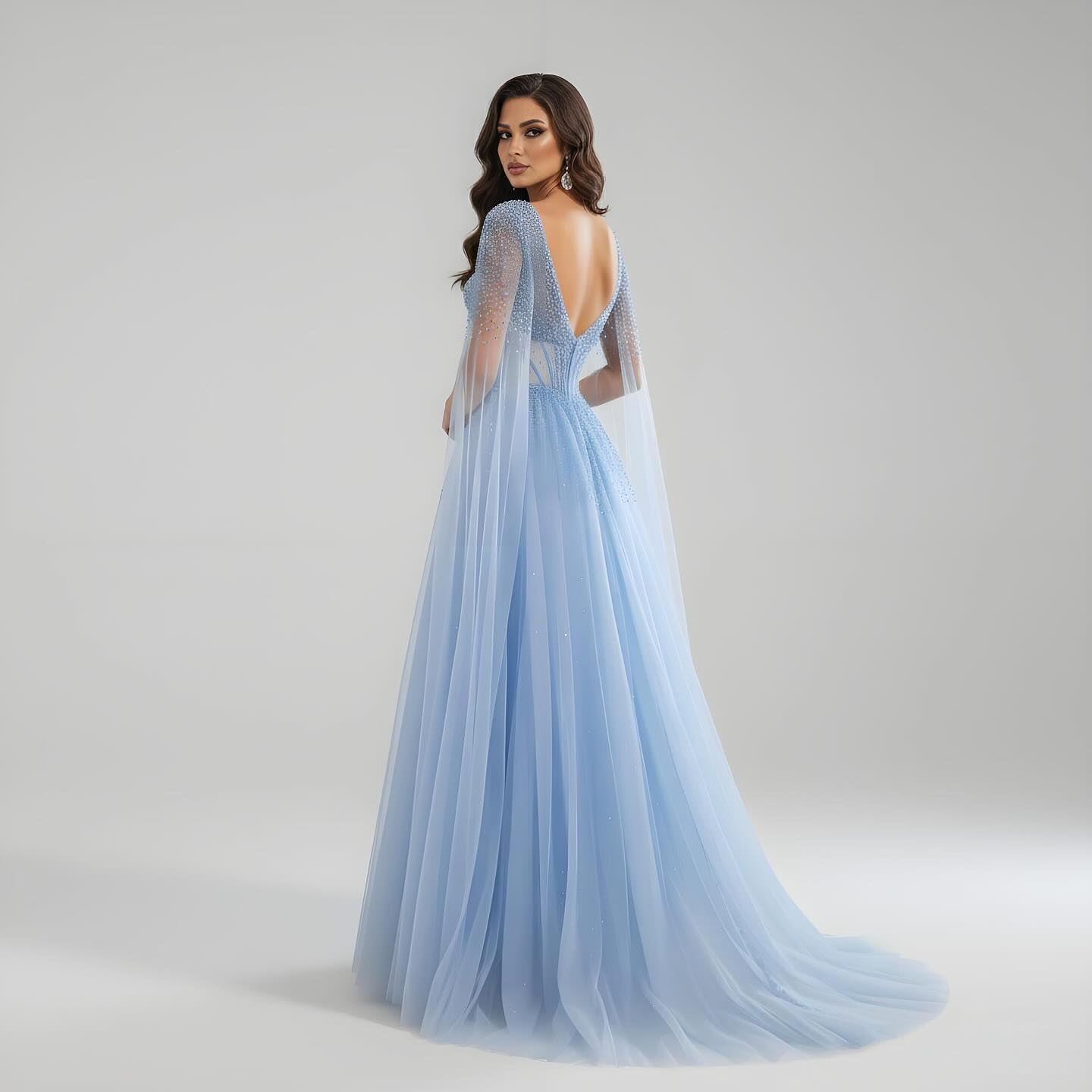 Blue Beaded A-Line Dress Back