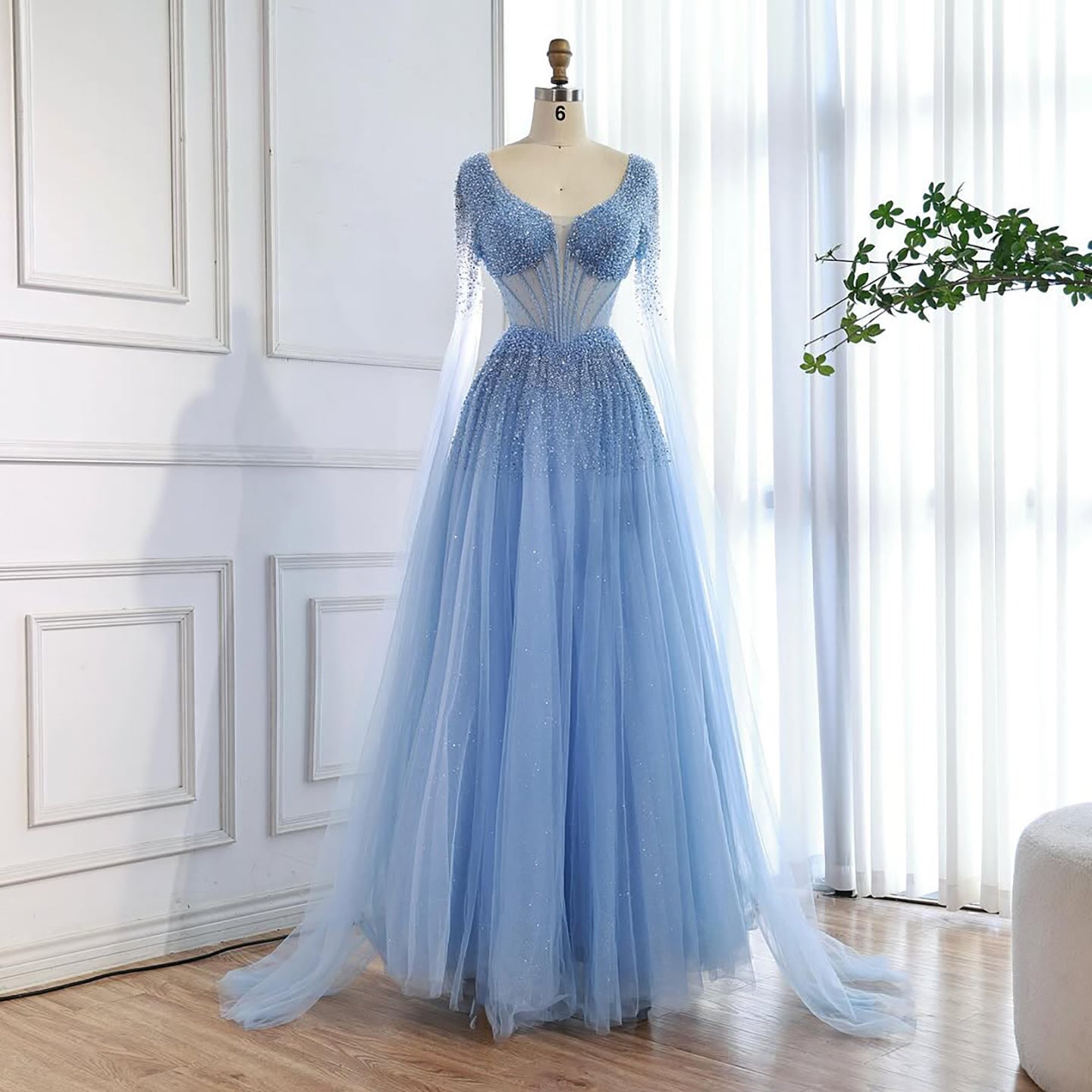 Luxury Caramel Beaded A-Line Evening Dress with Cape Sleeves LA73476