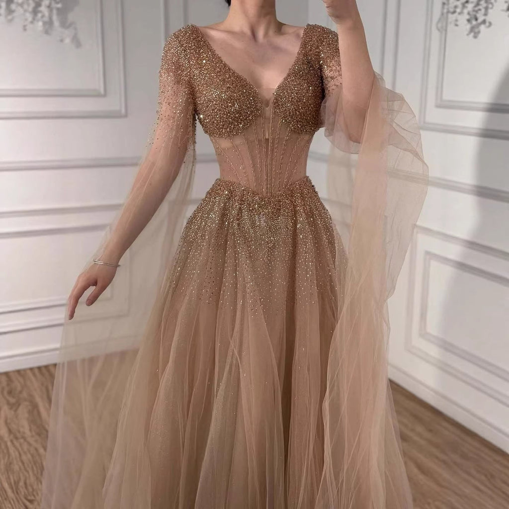 Luxury Caramel Beaded A-Line Evening Dress with Cape Sleeves LA73476