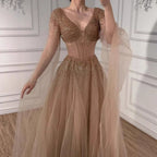 Luxury Caramel Beaded A-Line Evening Dress with Cape Sleeves LA73476