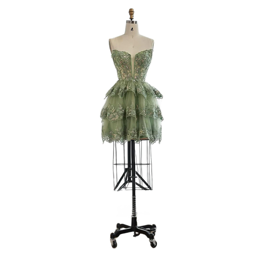 Luxury Sage Green Lace Strapless A-Line Short Homecoming Dress LA73477