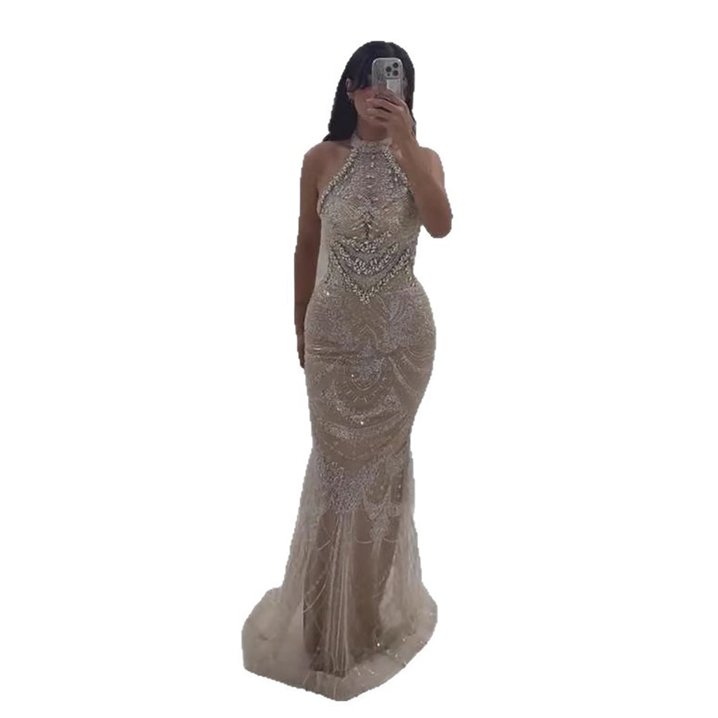 Luxury Silver Nude Beaded Elegant Mermaid Evening Dress LA73482
