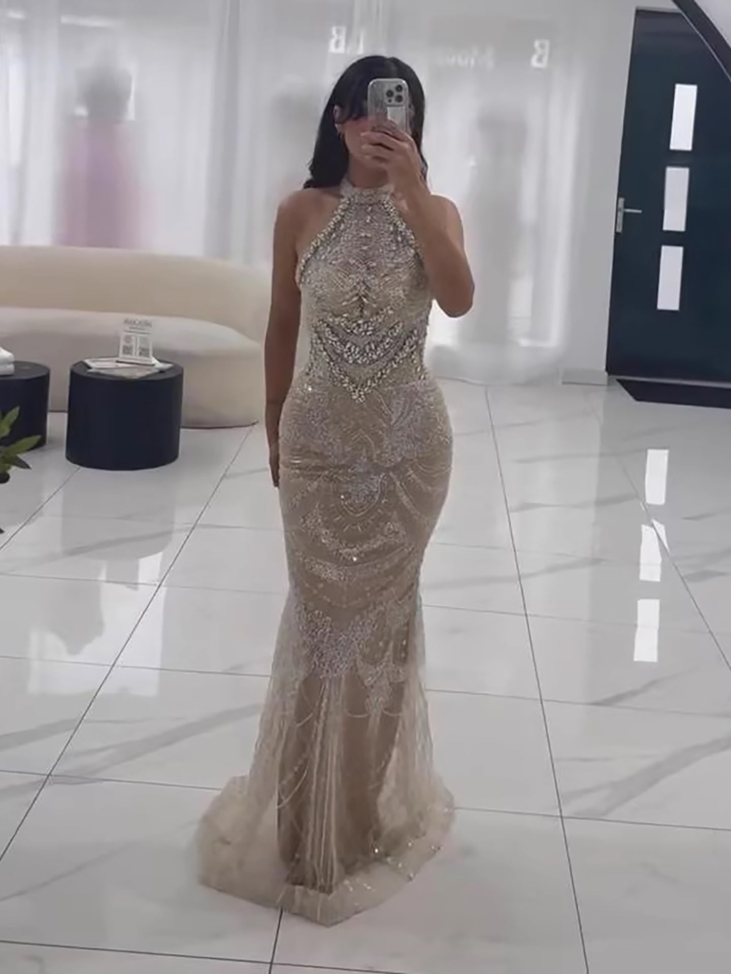 Luxury Silver Nude Beaded Elegant Mermaid Evening Dress LA73482