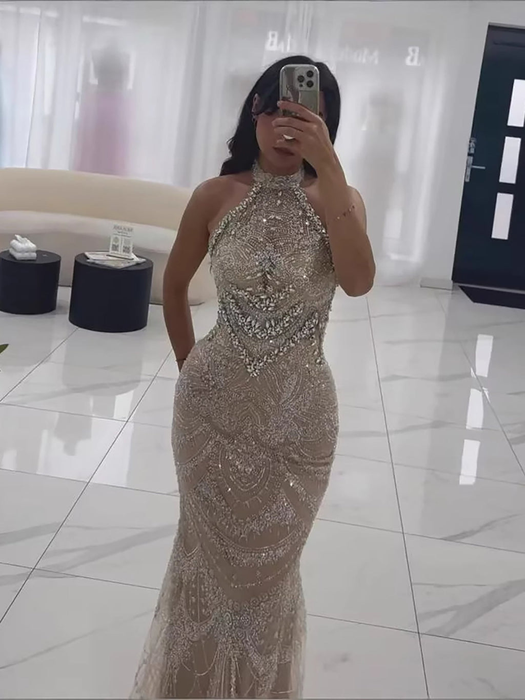 Luxury Silver Nude Beaded Elegant Mermaid Evening Dress LA73482