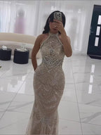 Luxury Silver Nude Beaded Elegant Mermaid Evening Dress LA73482