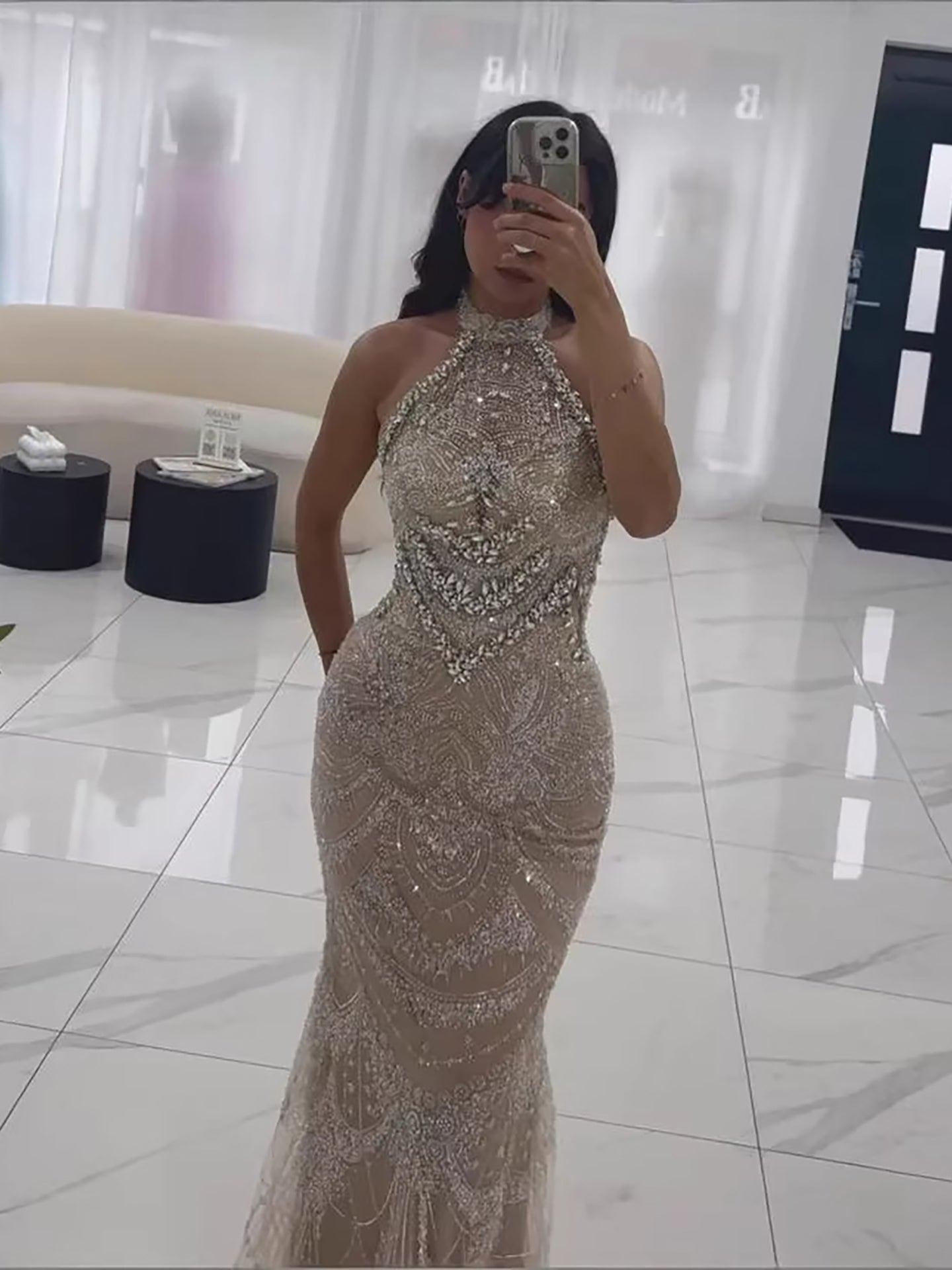 Luxury Silver Nude Beaded Elegant Mermaid Evening Dress LA73482