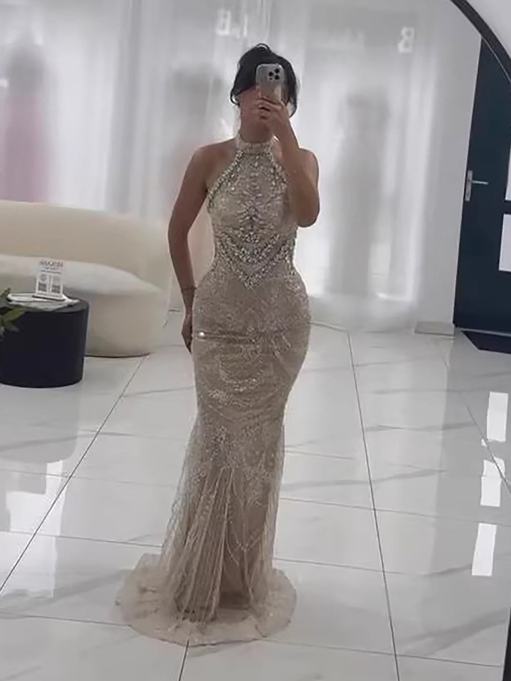 Luxury Silver Nude Beaded Elegant Mermaid Evening Dress LA73482