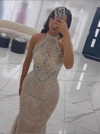 Luxury Silver Nude Beaded Elegant Mermaid Evening Dress LA73482