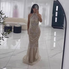 Luxury Silver Nude Beaded Elegant Mermaid Evening Dress LA73482