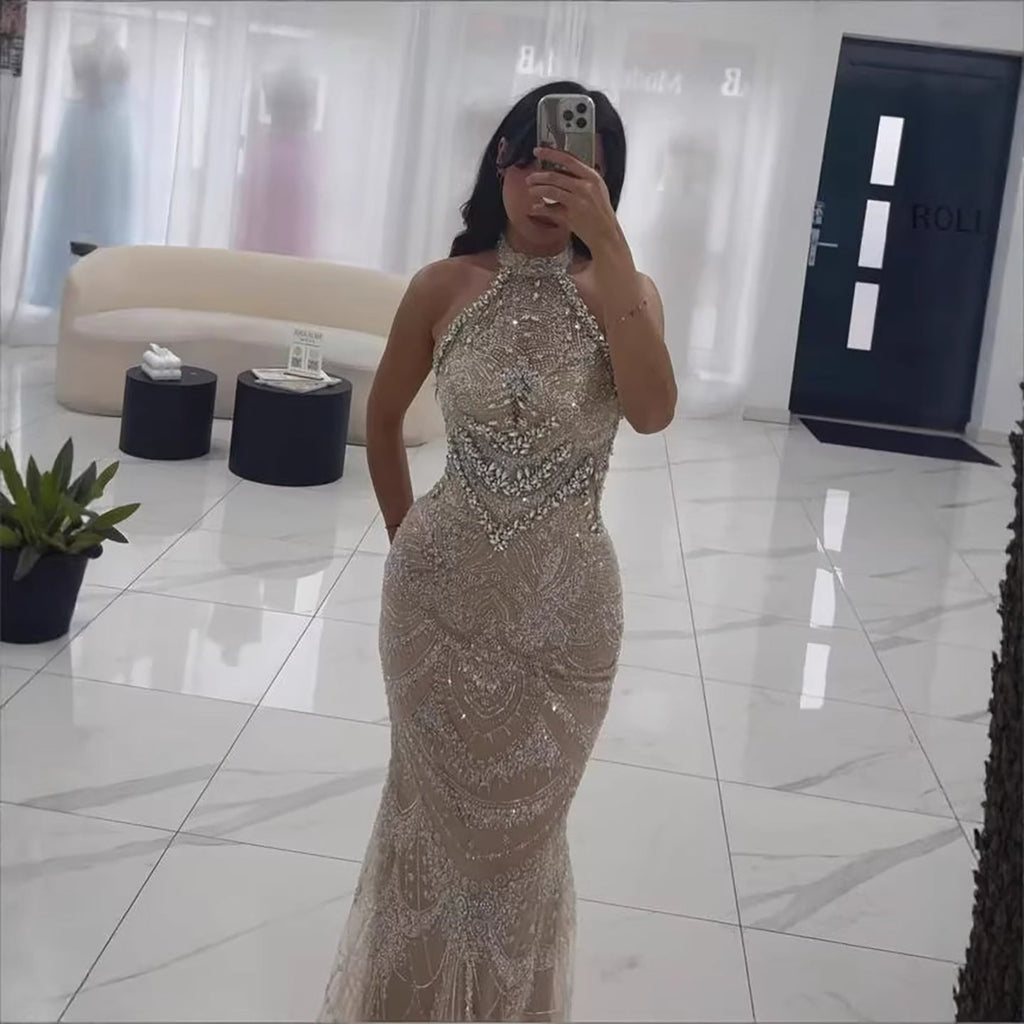 Luxury Silver Nude Beaded Elegant Mermaid Evening Dress LA73482