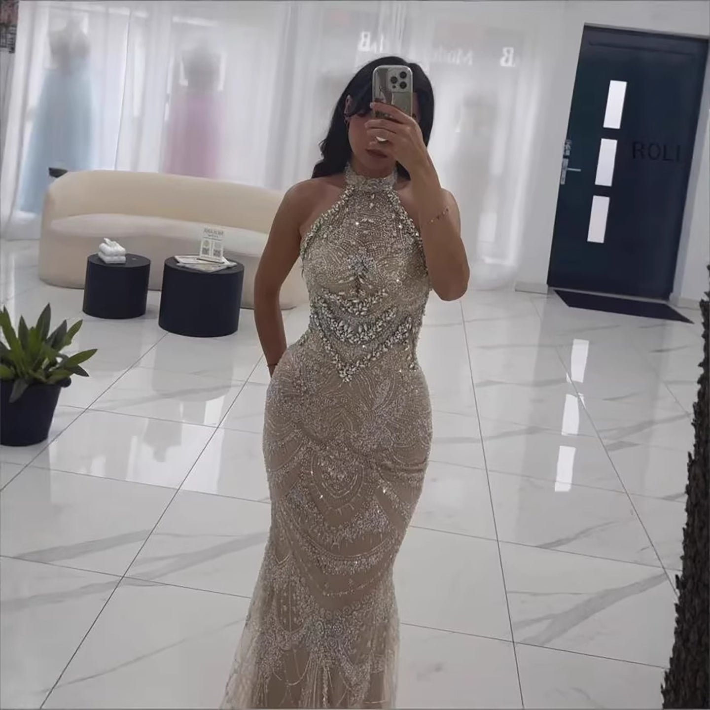 Luxury Silver Nude Beaded Elegant Mermaid Evening Dress LA73482