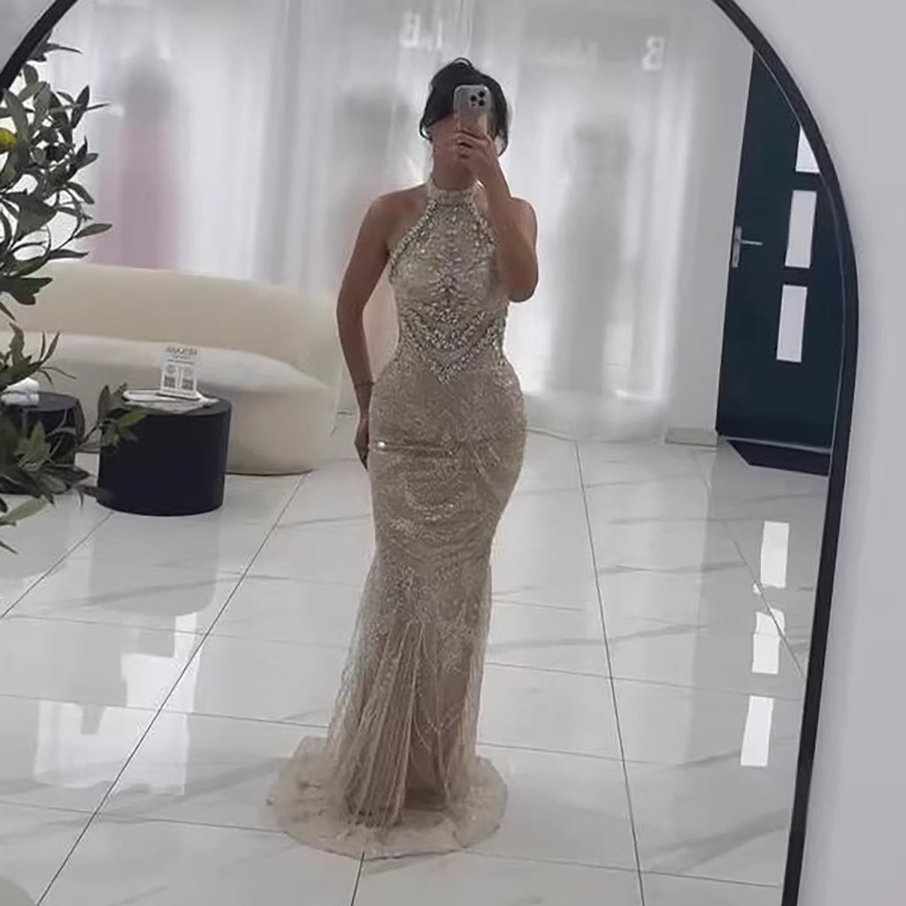 Luxury Silver Nude Beaded Elegant Mermaid Evening Dress LA73482