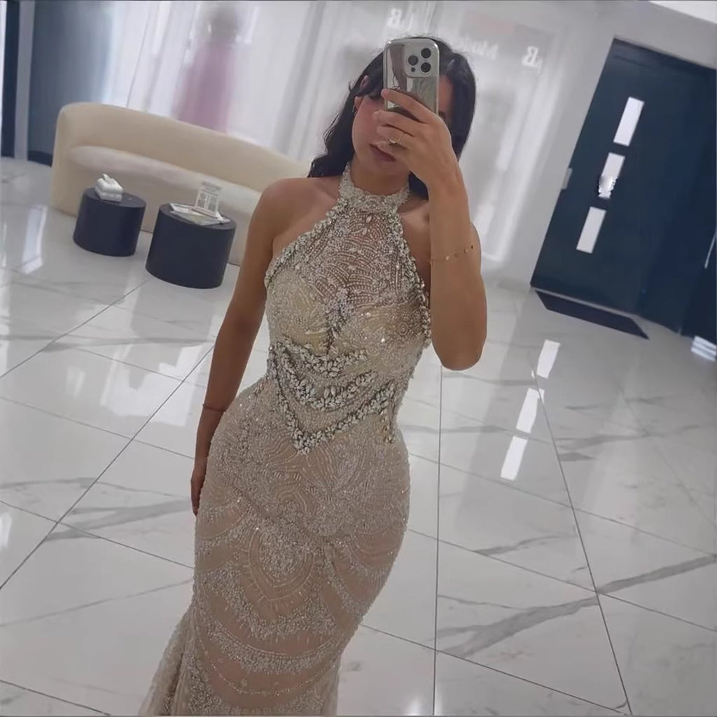 Luxury Silver Nude Beaded Elegant Mermaid Evening Dress LA73482