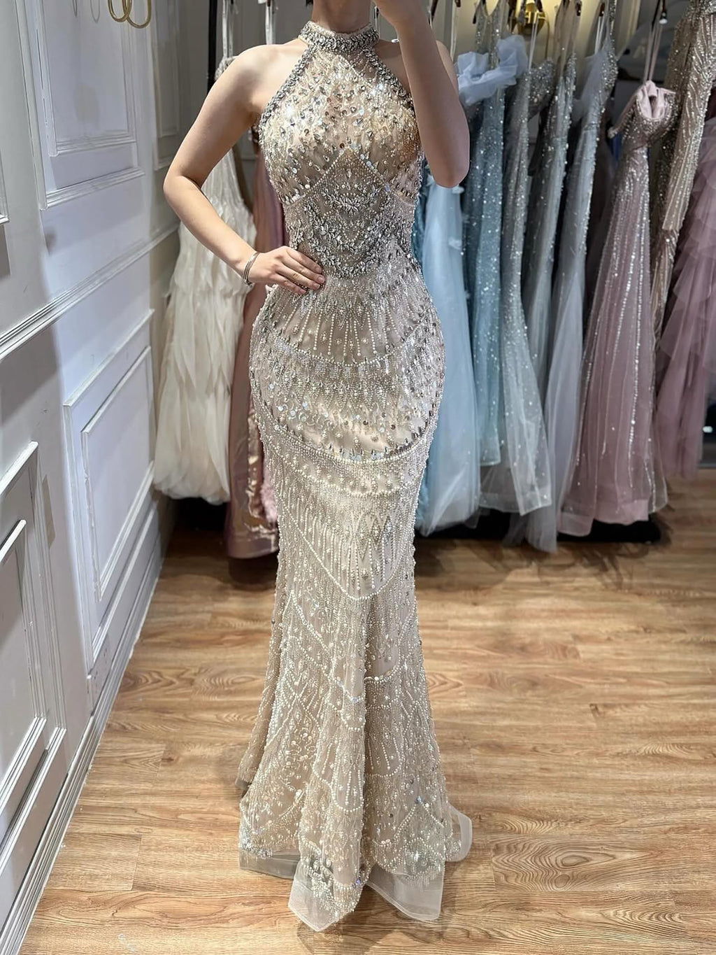 Luxury Silver Nude Beaded Elegant Mermaid Evening Dress LA73482