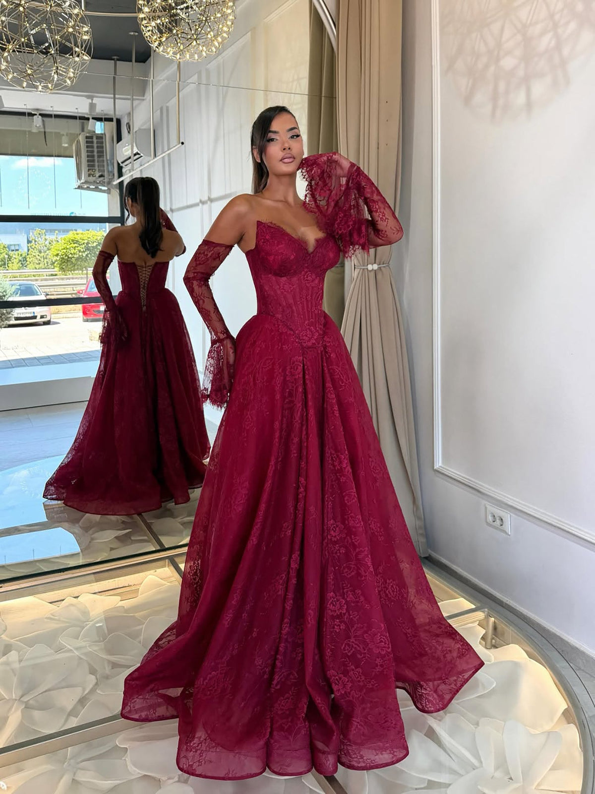 Wine Red Lace Strapless A Line Evening Dress with Sleeves LA73484D