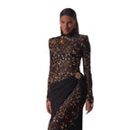 Luxury Arabic Black Modest Long Sleeves Beaded Evening Dress With Chiffon Skirt LA73524