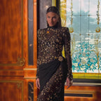 Luxury Arabic Black Modest Long Sleeves Beaded Evening Dress With Chiffon Skirt LA73524
