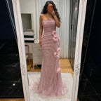 Pink Beaded 3D Floral Strapless Mermaid Evening Dress LA73532A