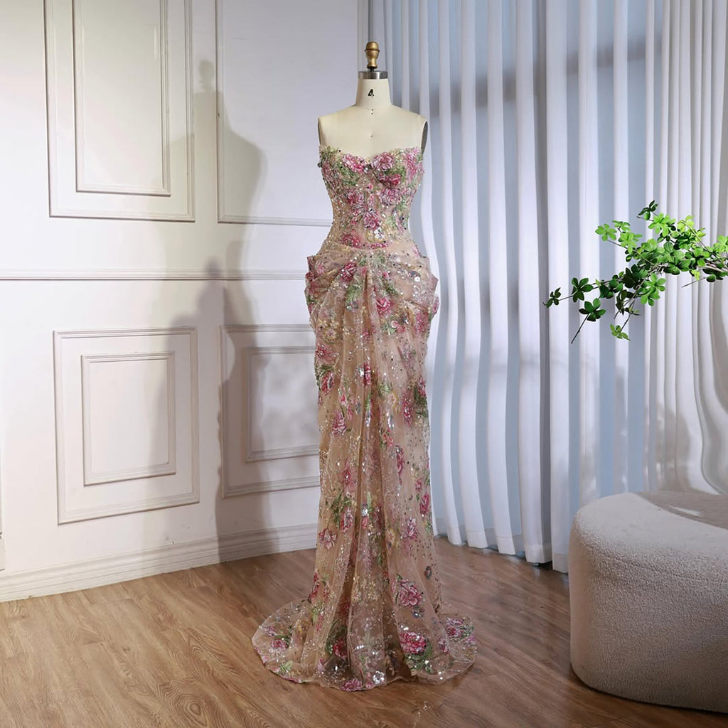 Luxury Saudi Arabic Pink 3D Flower Strapless Beaded Mermaid Evening Dress LA73552