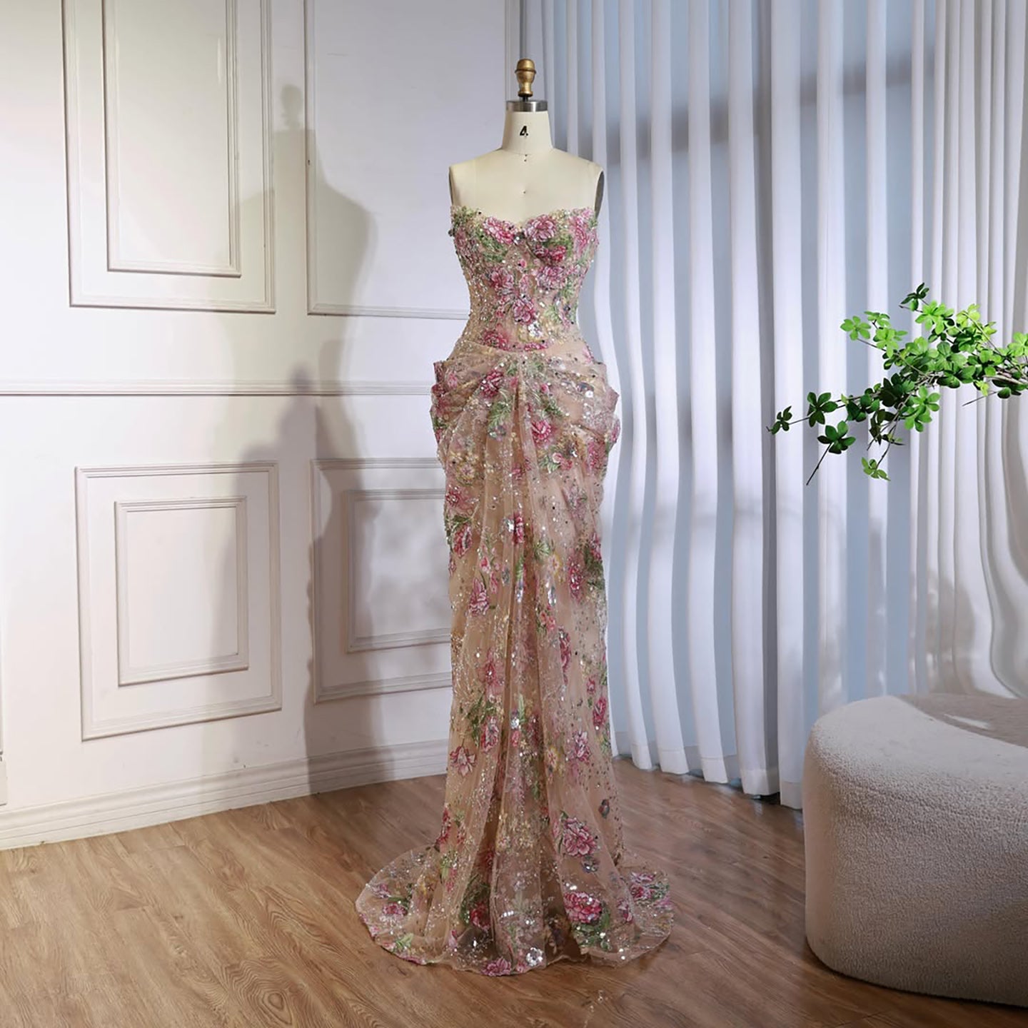 Luxury Saudi Arabic Pink 3D Flower Strapless Beaded Mermaid Evening Dress LA73552