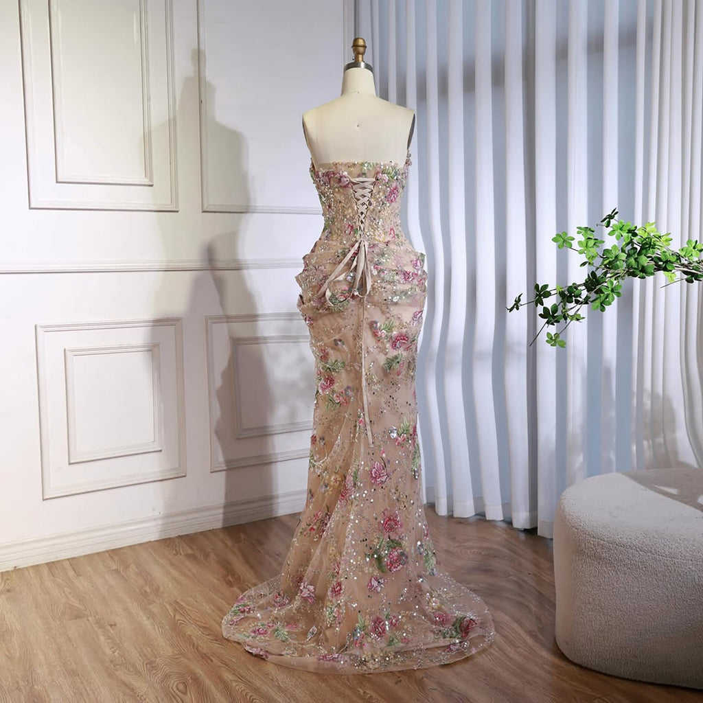 Luxury Saudi Arabic Pink 3D Flower Strapless Beaded Mermaid Evening Dress LA73552