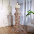 Luxury Saudi Arabic Pink 3D Flower Strapless Beaded Mermaid Evening Dress LA73552
