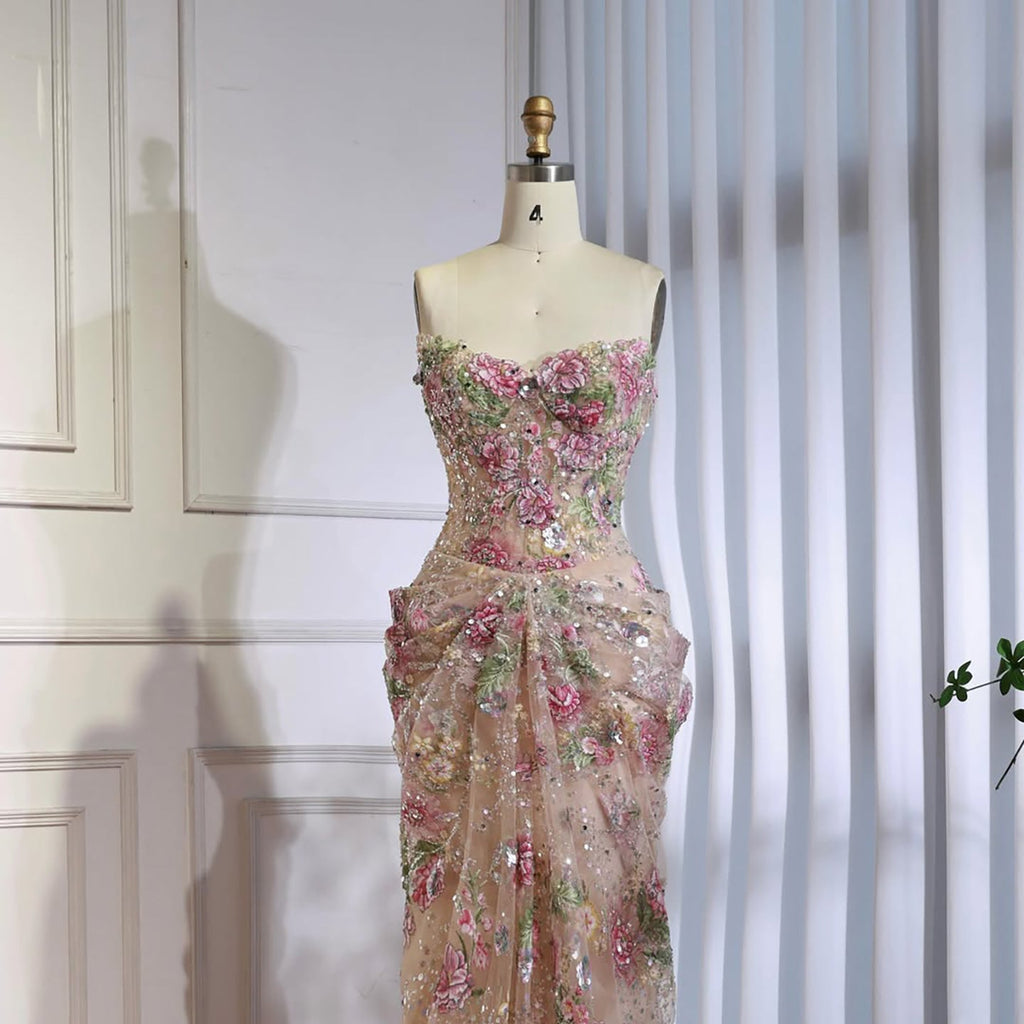 Luxury Saudi Arabic Pink 3D Flower Strapless Beaded Mermaid Evening Dress LA73552