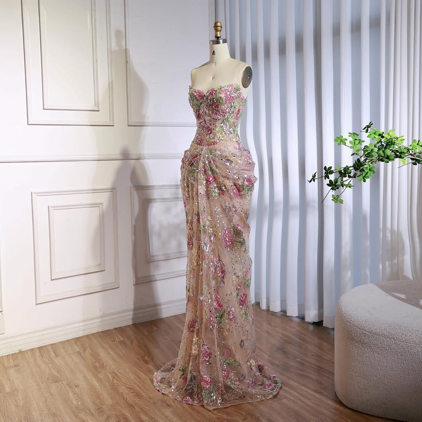 Luxury Saudi Arabic Pink 3D Flower Strapless Beaded Mermaid Evening Dress LA73552