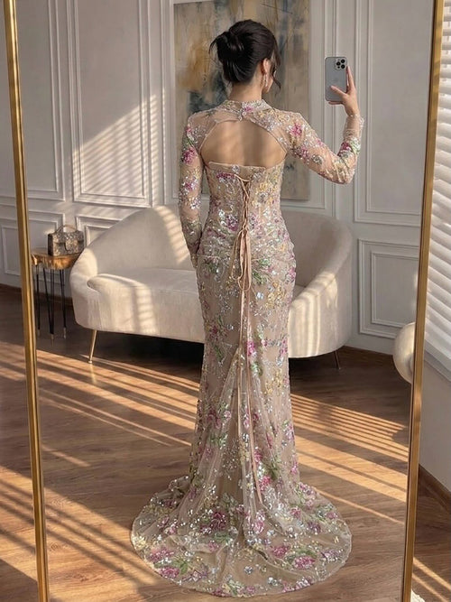 Floral Applique Mermaid Evening Gown - Elegant Party Dress with Long Sleeves LA73552F