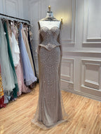 Luxury Caramel Crystal Beaded Mermaid Off Shoulder Evening Dress LA73686A
