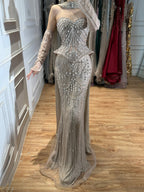 Luxury Caramel Crystal Beaded Mermaid Off Shoulder Evening Dress LA73686A