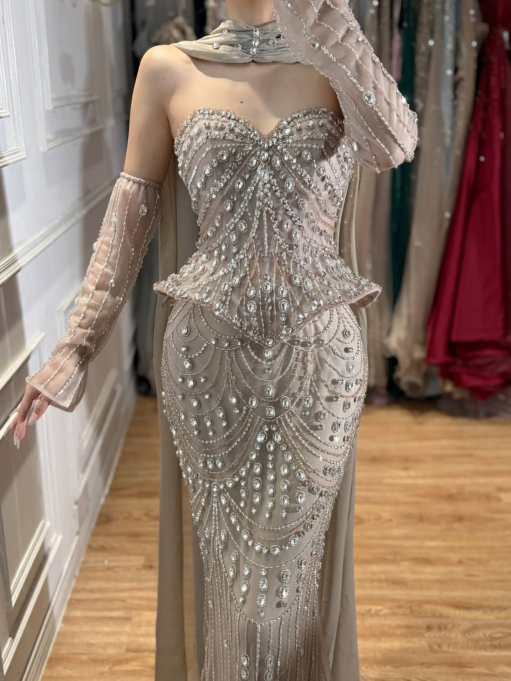 Luxury Caramel Crystal Beaded Mermaid Off Shoulder Evening Dress LA73686A