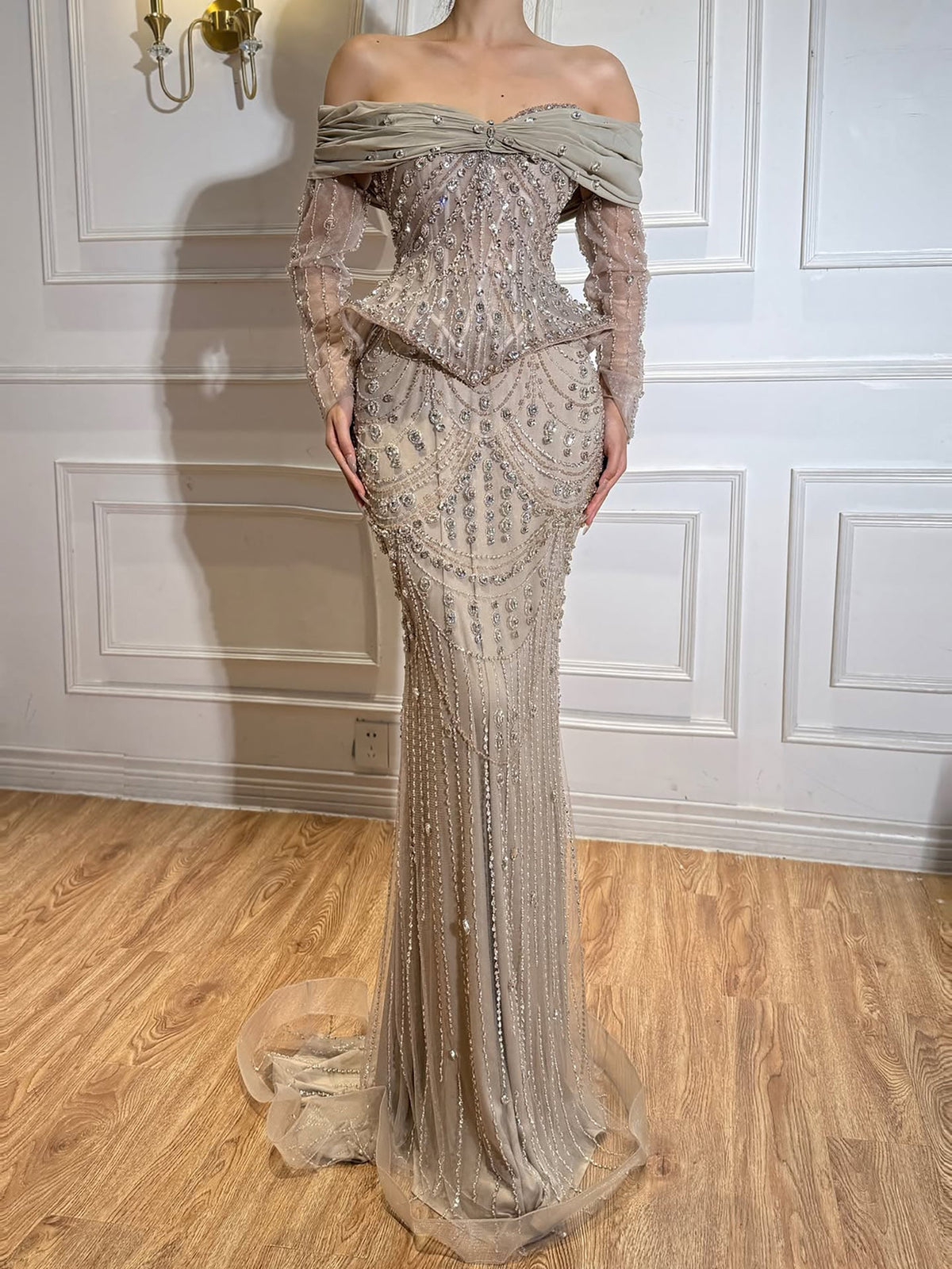 Luxury Caramel Crystal Beaded Mermaid Off Shoulder Evening Dress LA73686A