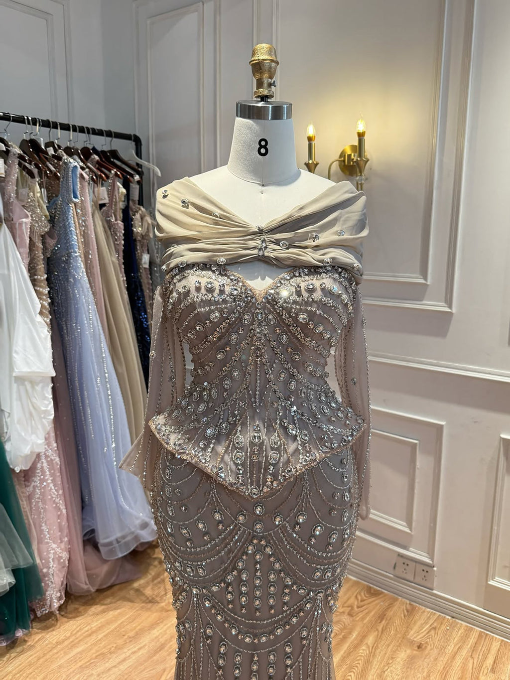 Luxury Caramel Crystal Beaded Mermaid Off Shoulder Evening Dress LA73686A