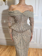 Luxury Caramel Crystal Beaded Mermaid Off Shoulder Evening Dress LA73686A