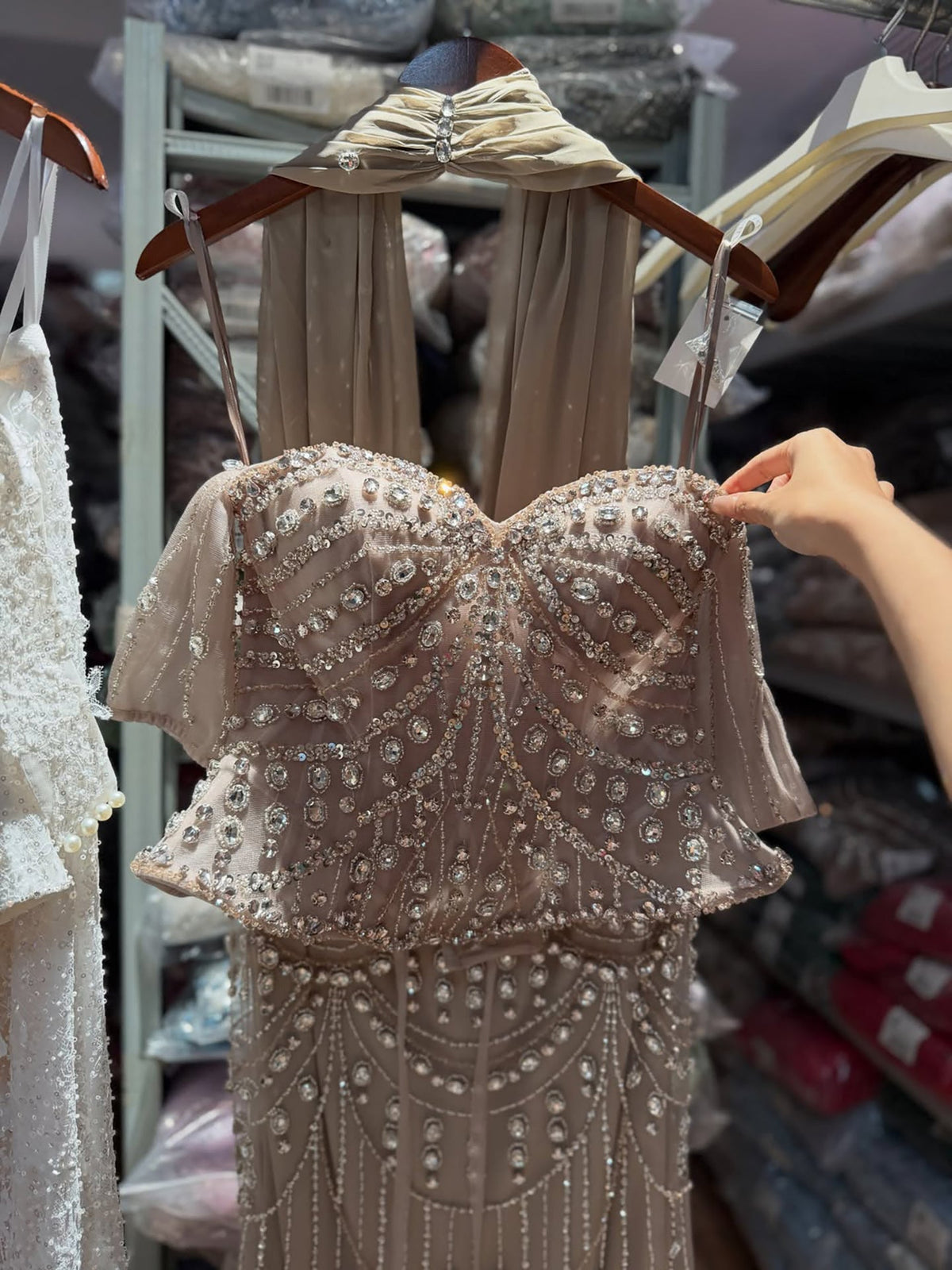 Luxury Caramel Crystal Beaded Mermaid Off Shoulder Evening Dress LA73686A