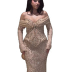 Luxury Caramel Crystal Beaded Mermaid Off Shoulder Evening Dress LA73686A