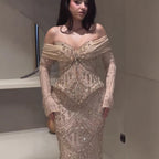 Luxury Caramel Crystal Beaded Mermaid Off Shoulder Evening Dress LA73686A