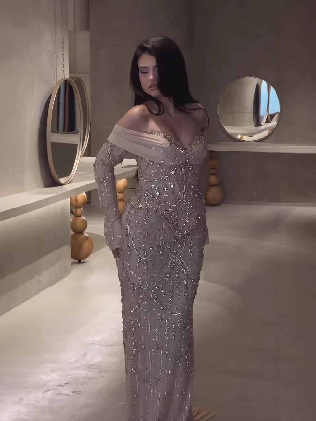 Luxury Caramel Crystal Beaded Mermaid Off Shoulder Evening Dress LA73686A