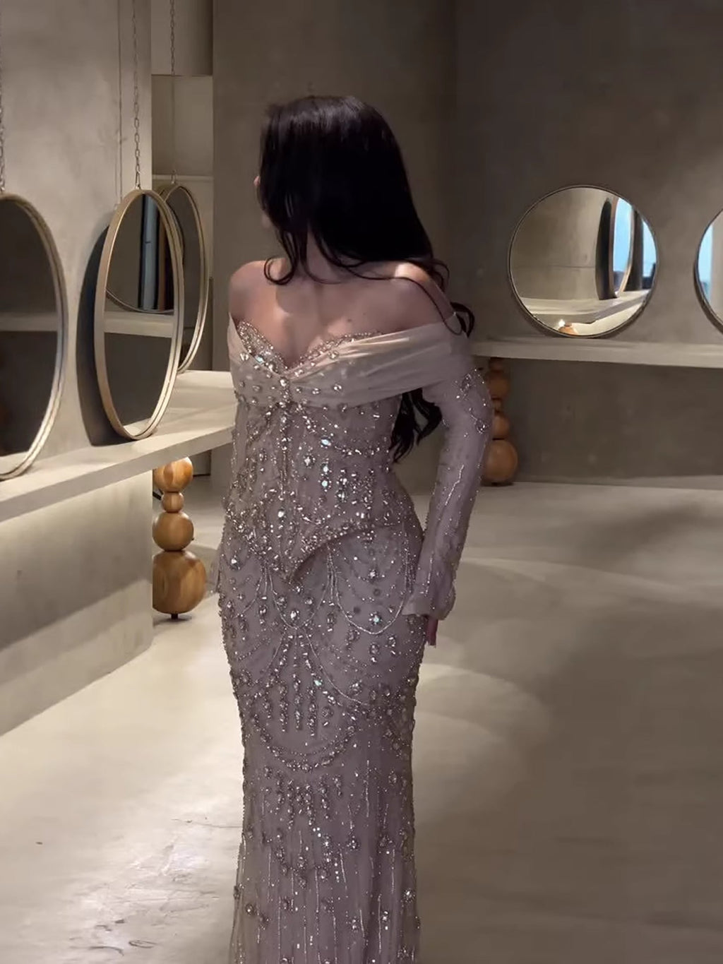 Luxury Caramel Crystal Beaded Mermaid Off Shoulder Evening Dress LA73686A