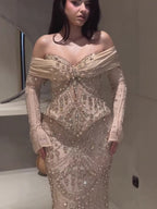 Luxury Caramel Crystal Beaded Mermaid Off Shoulder Evening Dress LA73686A
