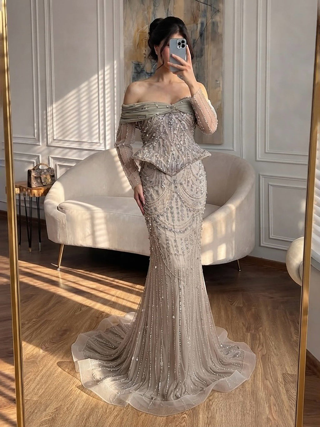 Luxury Caramel Crystal Beaded Mermaid Off Shoulder Evening Dress LA73686A