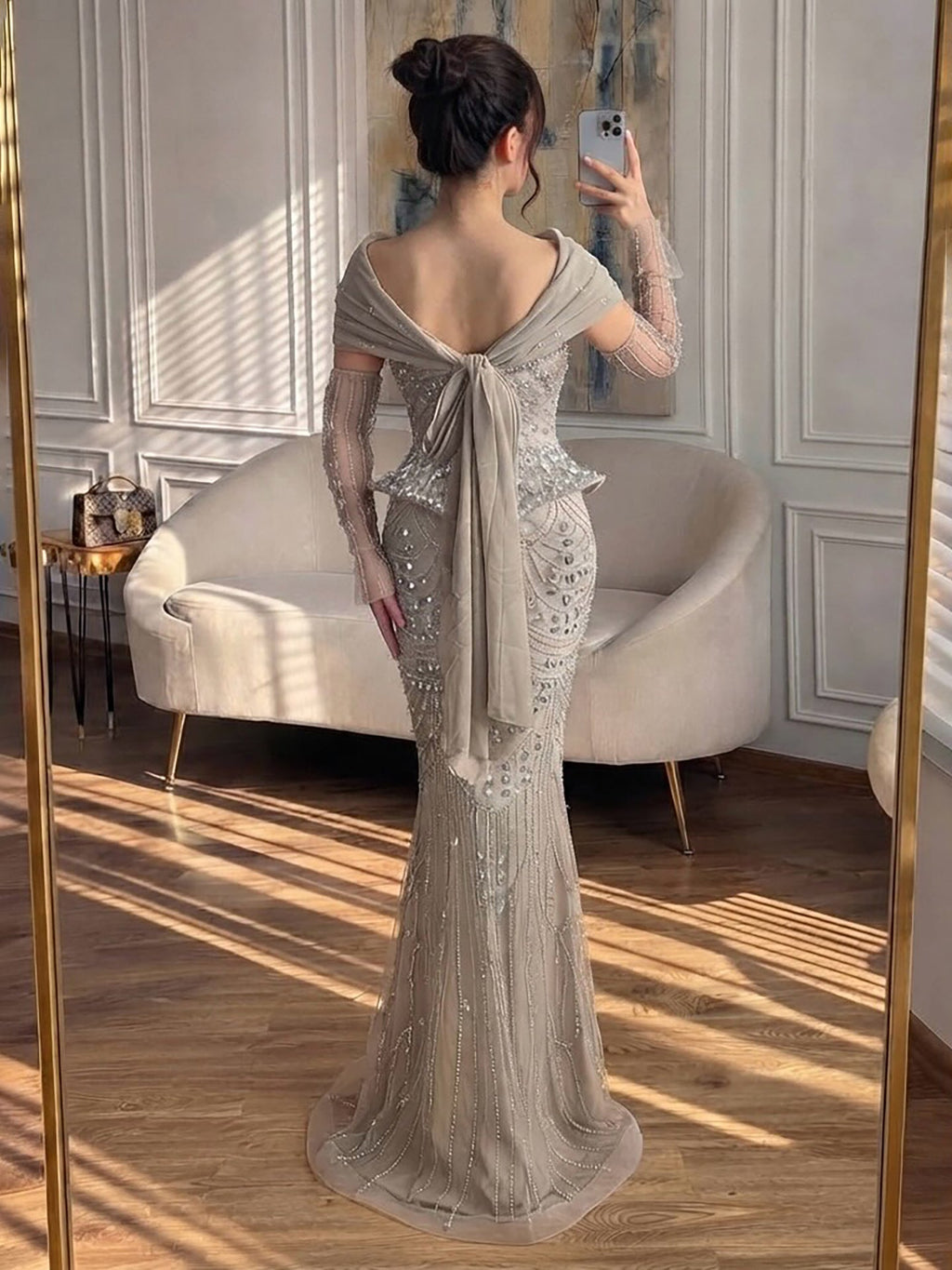 Luxury Caramel Crystal Beaded Mermaid Off Shoulder Evening Dress LA73686A