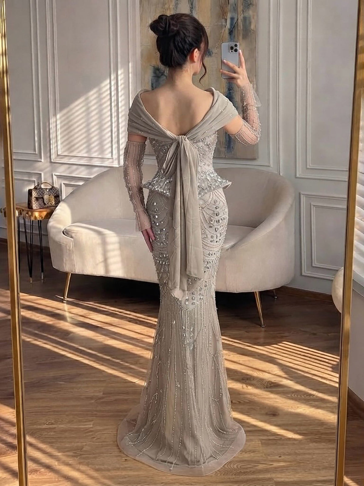 Luxury Caramel Crystal Beaded Mermaid Off Shoulder Evening Dress LA73686A
