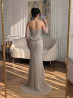 Luxury Caramel Crystal Beaded Mermaid Off Shoulder Evening Dress LA73686A