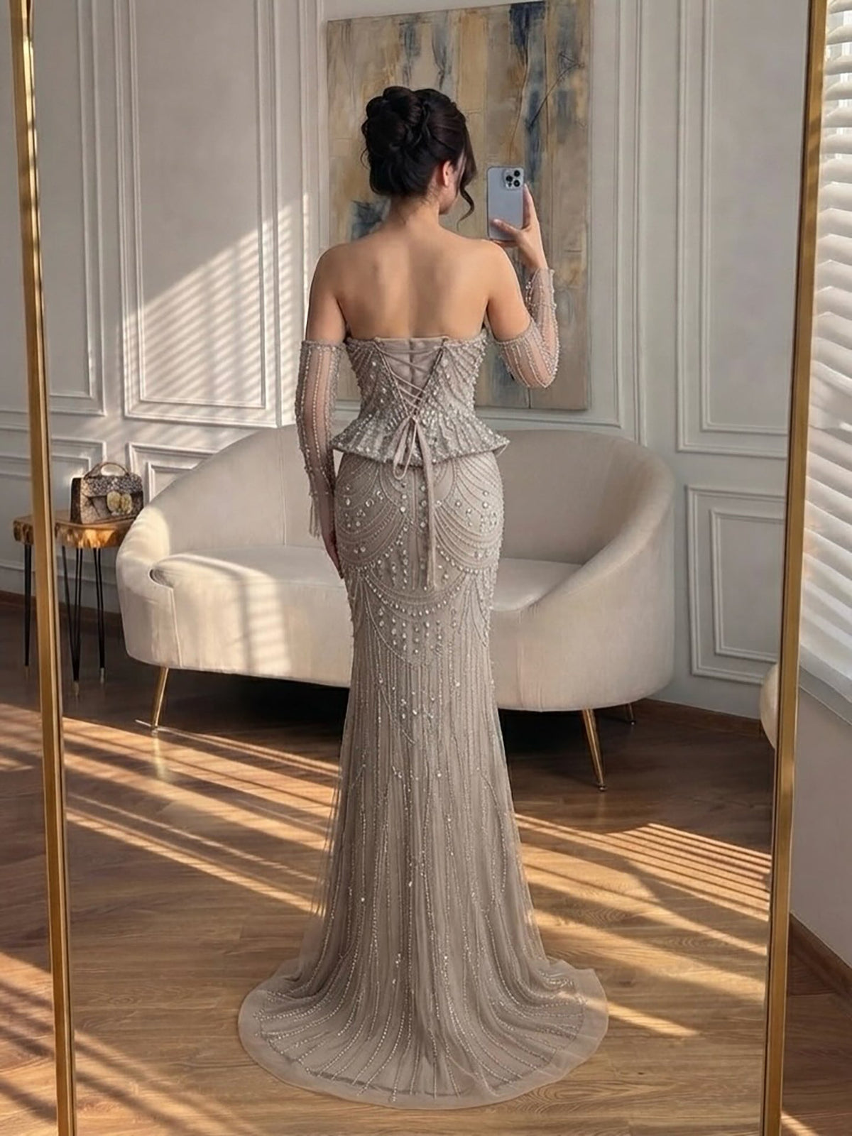 Luxury Caramel Crystal Beaded Mermaid Off Shoulder Evening Dress LA73686A