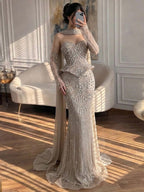 Luxury Caramel Crystal Beaded Mermaid Off Shoulder Evening Dress LA73686A