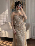 Luxury Caramel Crystal Beaded Mermaid Off Shoulder Evening Dress LA73686A