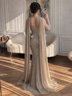 Luxury Caramel Crystal Beaded Mermaid Off Shoulder Evening Dress LA73686A