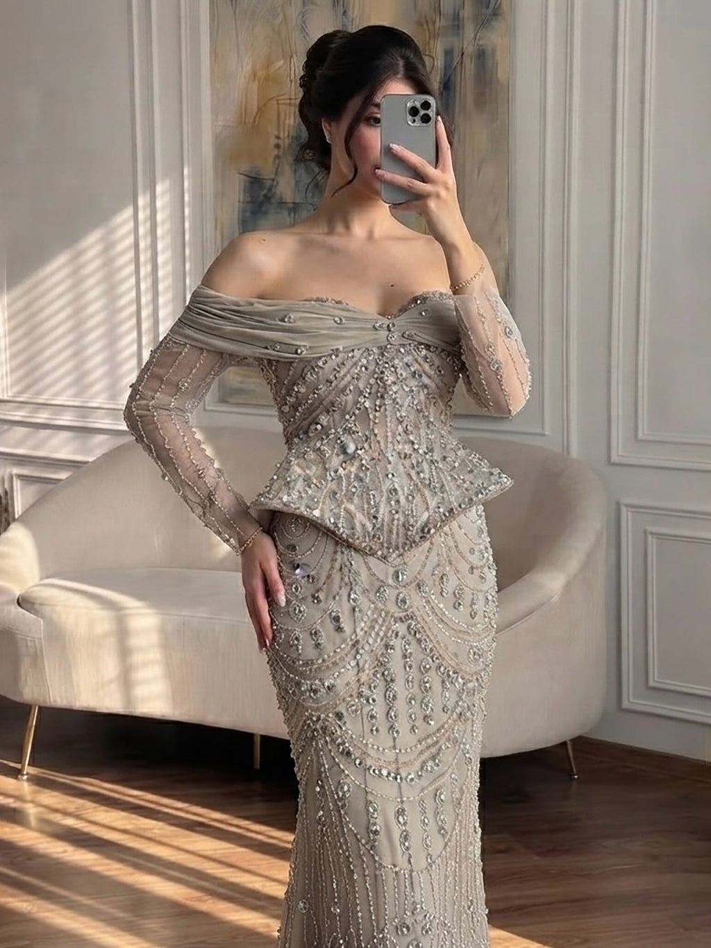 Luxury Caramel Crystal Beaded Mermaid Off Shoulder Evening Dress LA73686A